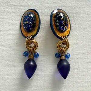 Large Vintage Blue & Gold Clip-on Dangle Earrings